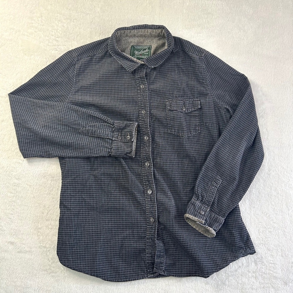 Woolrich Corduroy Button Down Shirt Large Black Plaid Flannel Gorpcore Workwear